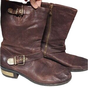 VINCE CAMUTO Winchell Moto Boots Leather Size 10B Brown Goldtone Metal Detailing